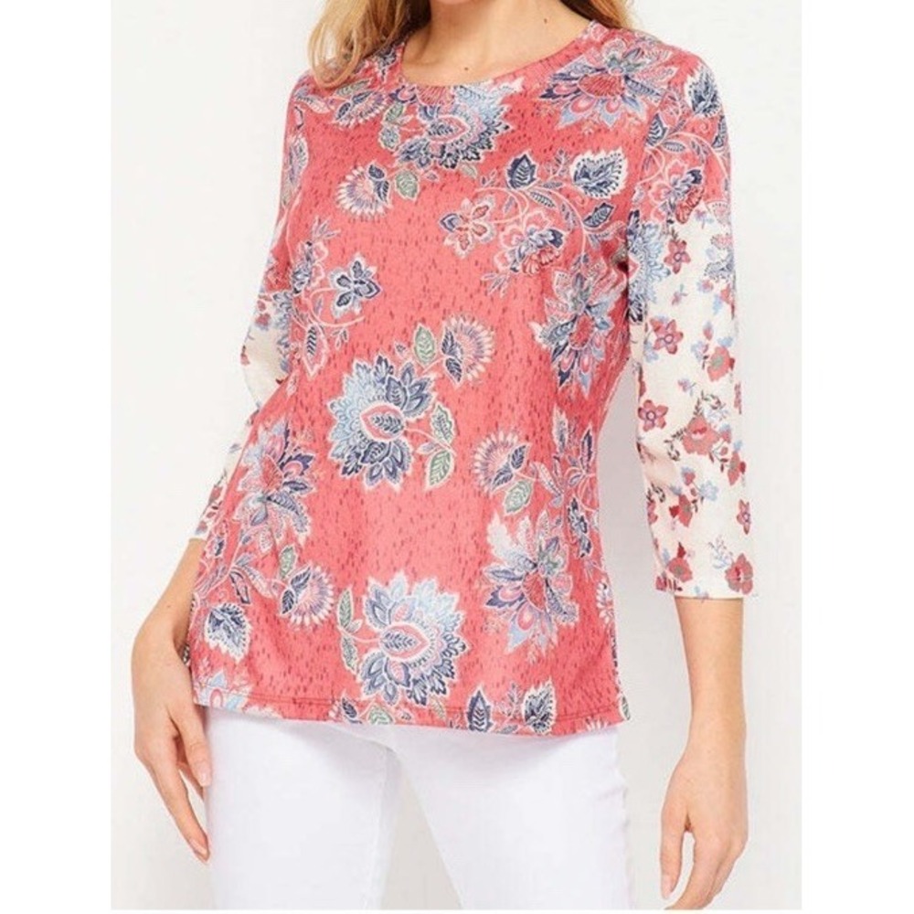 One World Womens Mixed Media Embellished 3/4 Sleeve Top Charming Art Coral Sz S